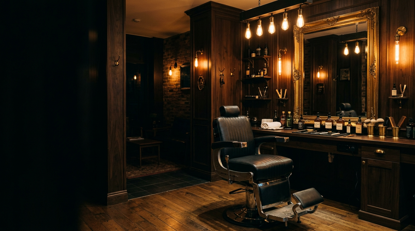 Interno del barber shop Barber District con luci ambrate e poltrona vintage